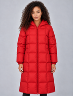 Women’s Long Hooded Puffer Coat – Full Zip Padded Winter Jacket — Red