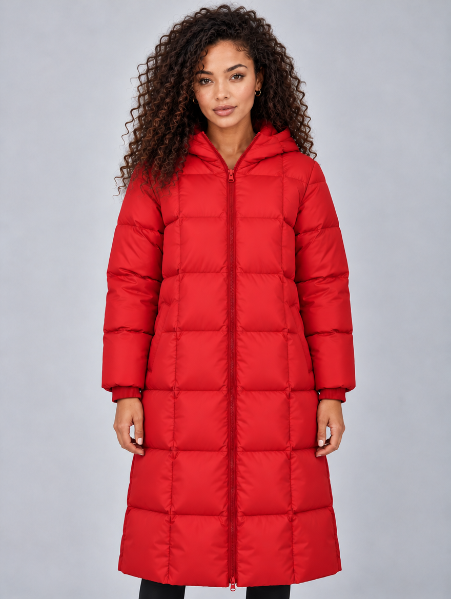 Women’s Long Hooded Puffer Coat – Full Zip Padded Winter Jacket — Red