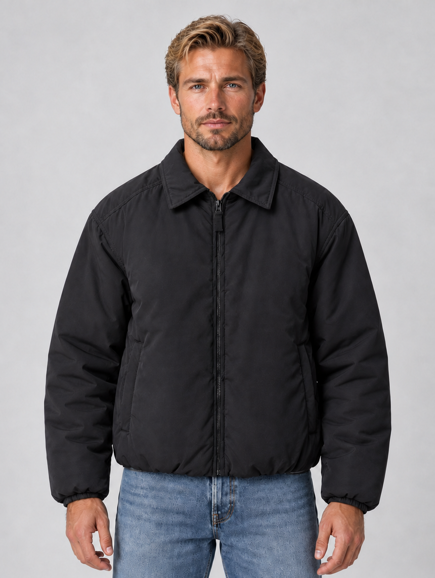 Men’s Padded Full Zip Jacket – Collared Lightweight Bomber — Black