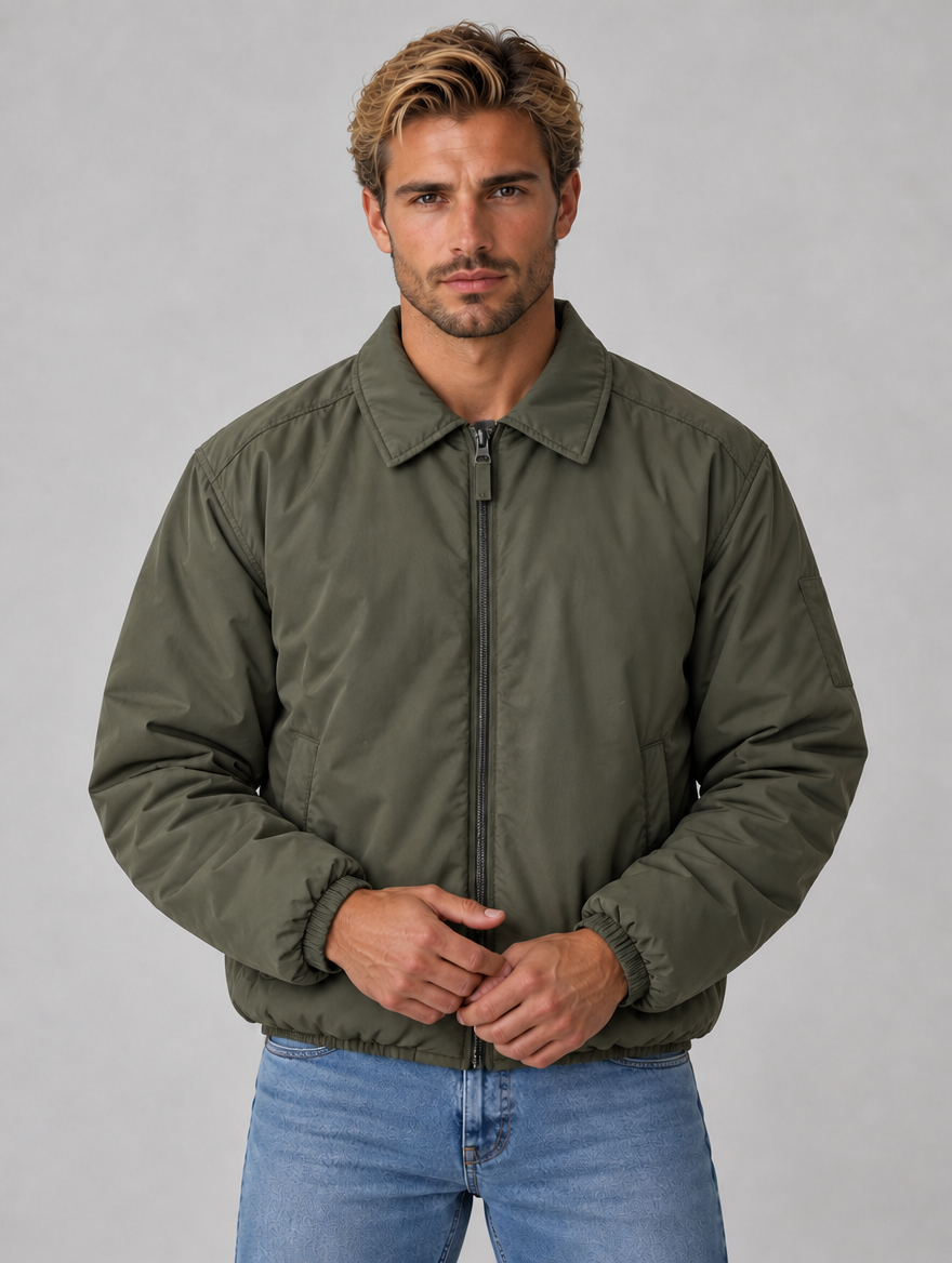 Men’s Padded Full Zip Jacket – Collared Lightweight Bomber — Olive Green
