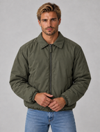 Men’s Padded Full Zip Jacket – Collared Lightweight Bomber — Olive Green