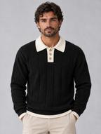 Men’s Ribbed Knit Polo Jumper – Contrast Collar Button Neck Sweater — Black