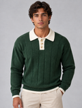 Men’s Ribbed Knit Polo Jumper – Contrast Collar Button Neck Sweater — Green