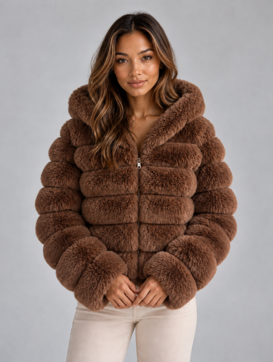Women’s Faux Fur Hooded Jacket – Cropped Plush Winter Coat — Brown