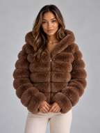 Women’s Faux Fur Hooded Jacket – Cropped Plush Winter Coat — Brown