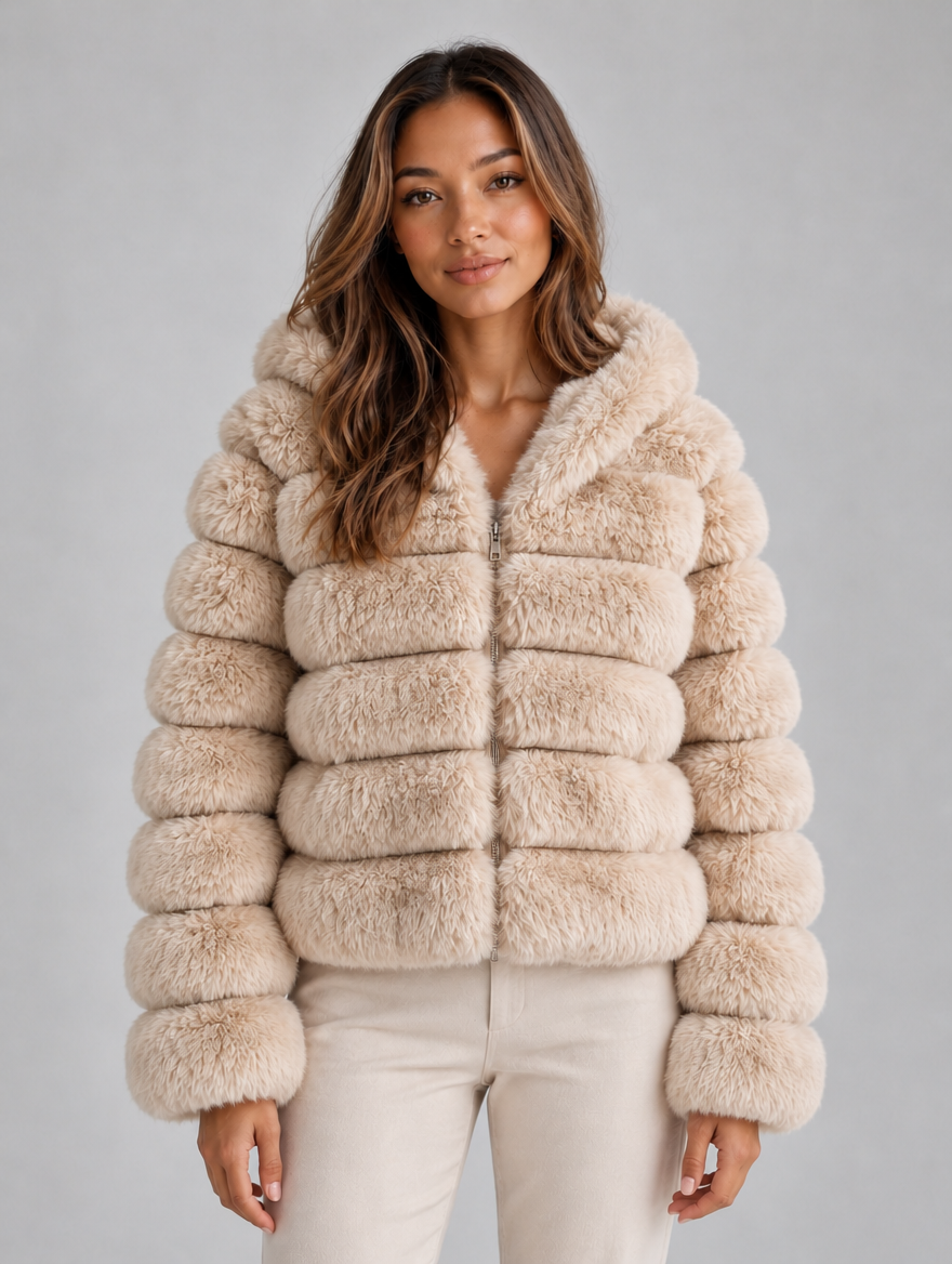 Women’s Faux Fur Hooded Jacket – Cropped Plush Winter Coat — Khaki