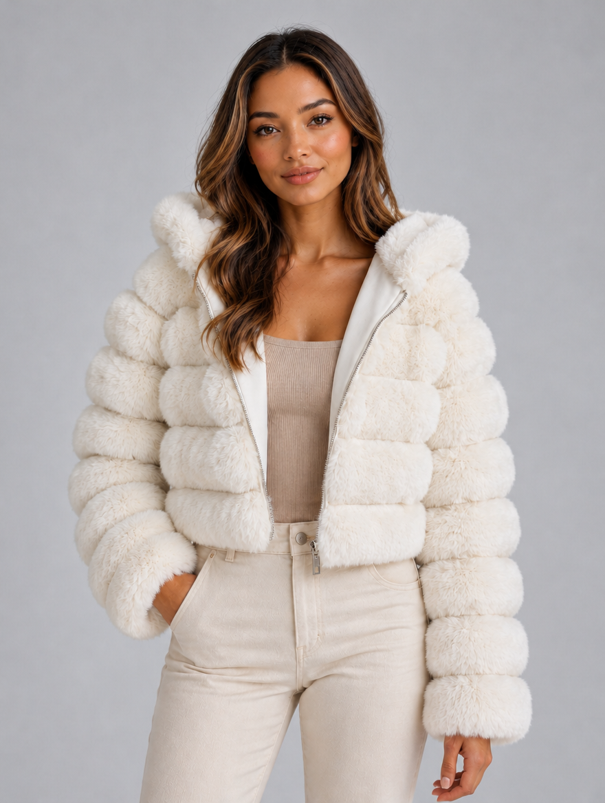 Women’s Faux Fur Hooded Jacket – Cropped Plush Winter Coat — White