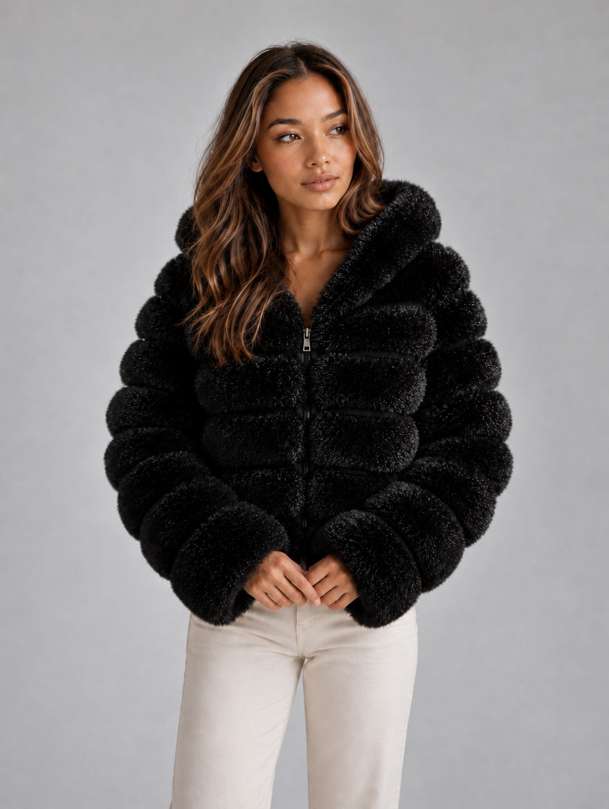 Women’s Faux Fur Hooded Jacket – Cropped Plush Winter Coat — Black