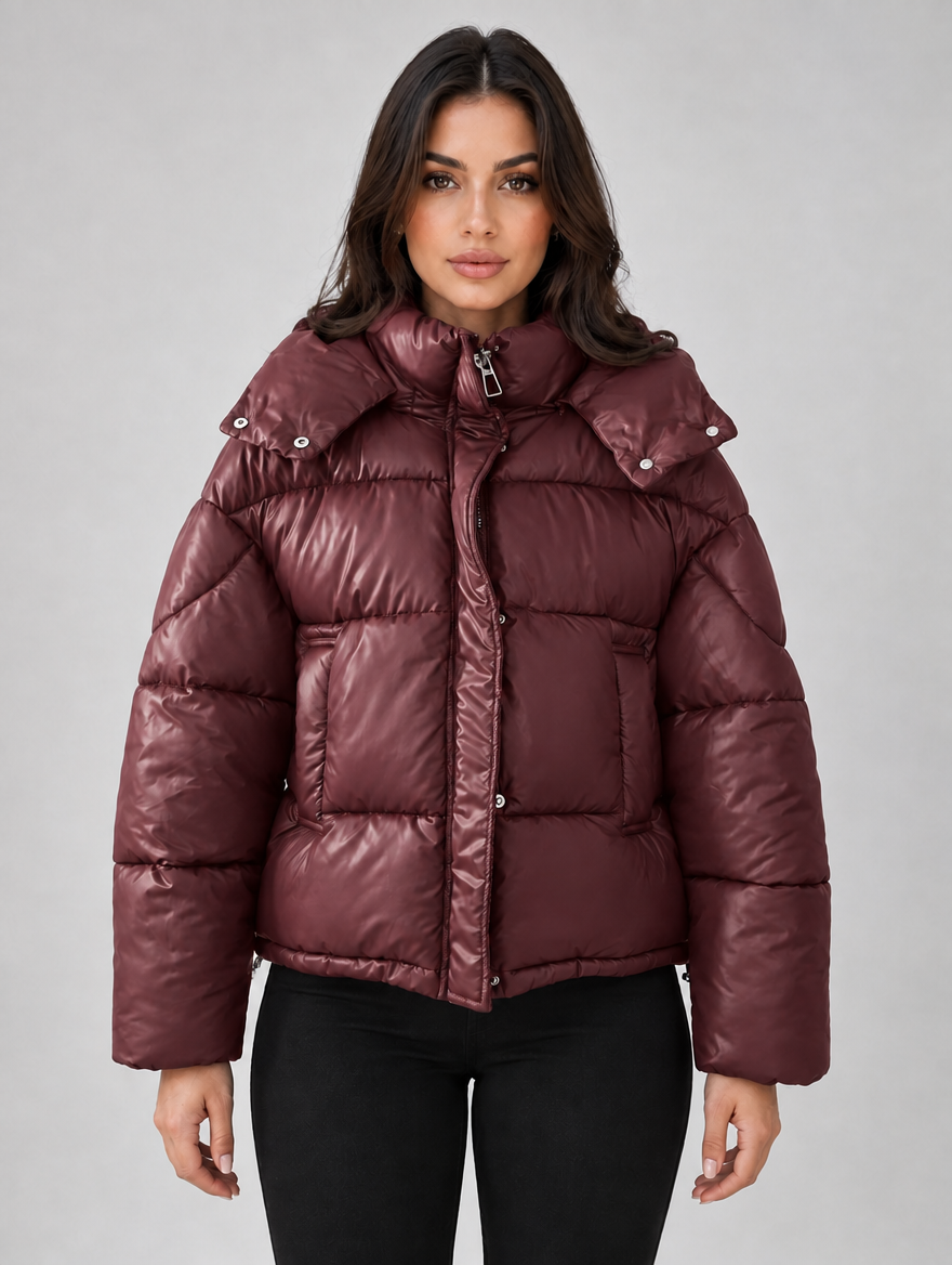 Women’s Hooded Puffer Jacket – Full Zip Padded Winter Coat — Burgundy
