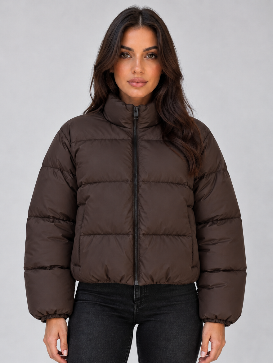Women’s Cropped Puffer Jacket — Brown