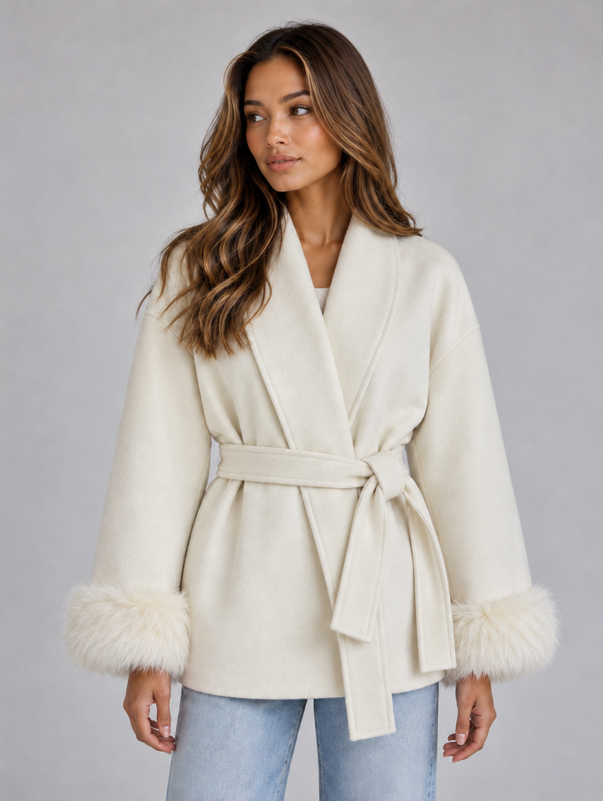 Women’s Faux Fur Belted Wrap Coat — White
