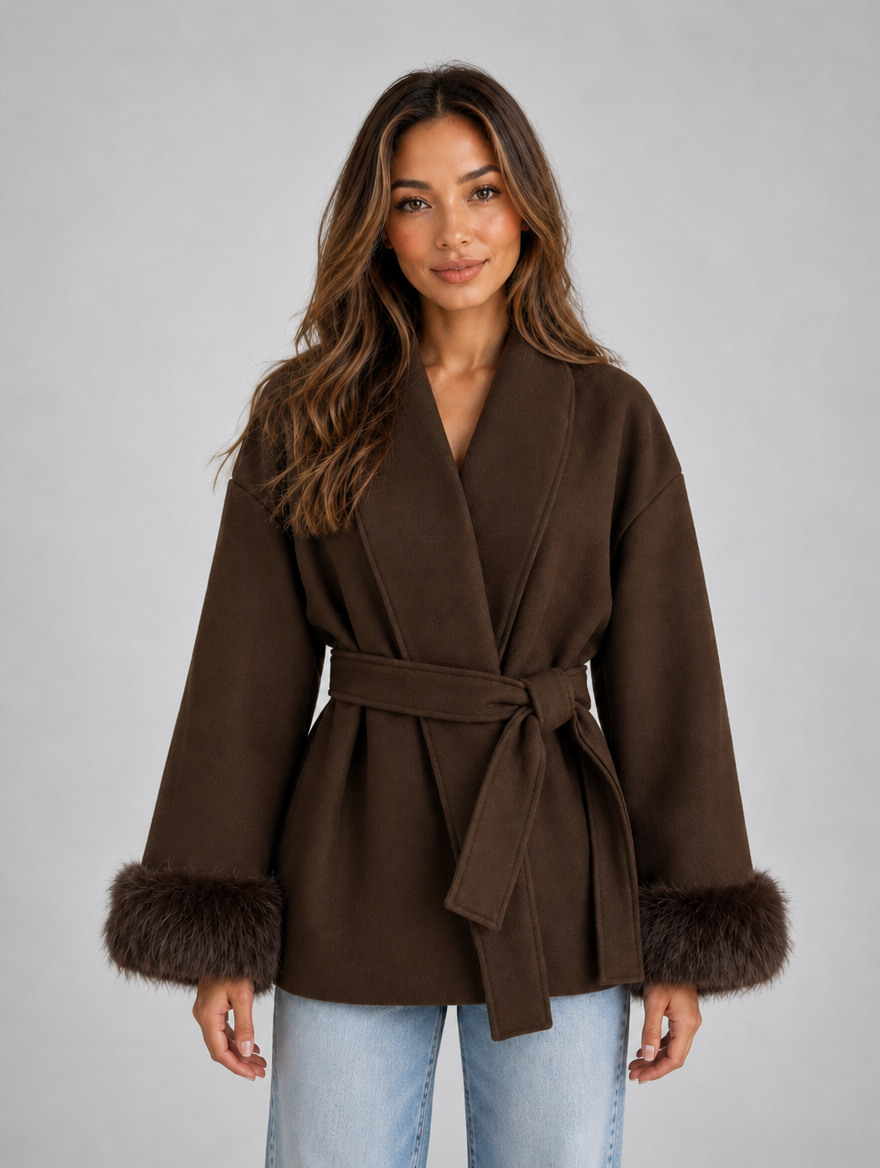 Women’s Faux Fur Belted Wrap Coat — Brown