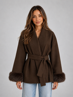 Women’s Faux Fur Belted Wrap Coat — Brown