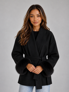 Women’s Faux Fur Belted Wrap Coat — Black