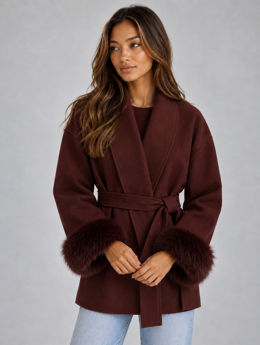 Women’s Faux Fur Belted Wrap Coat — Burgundy