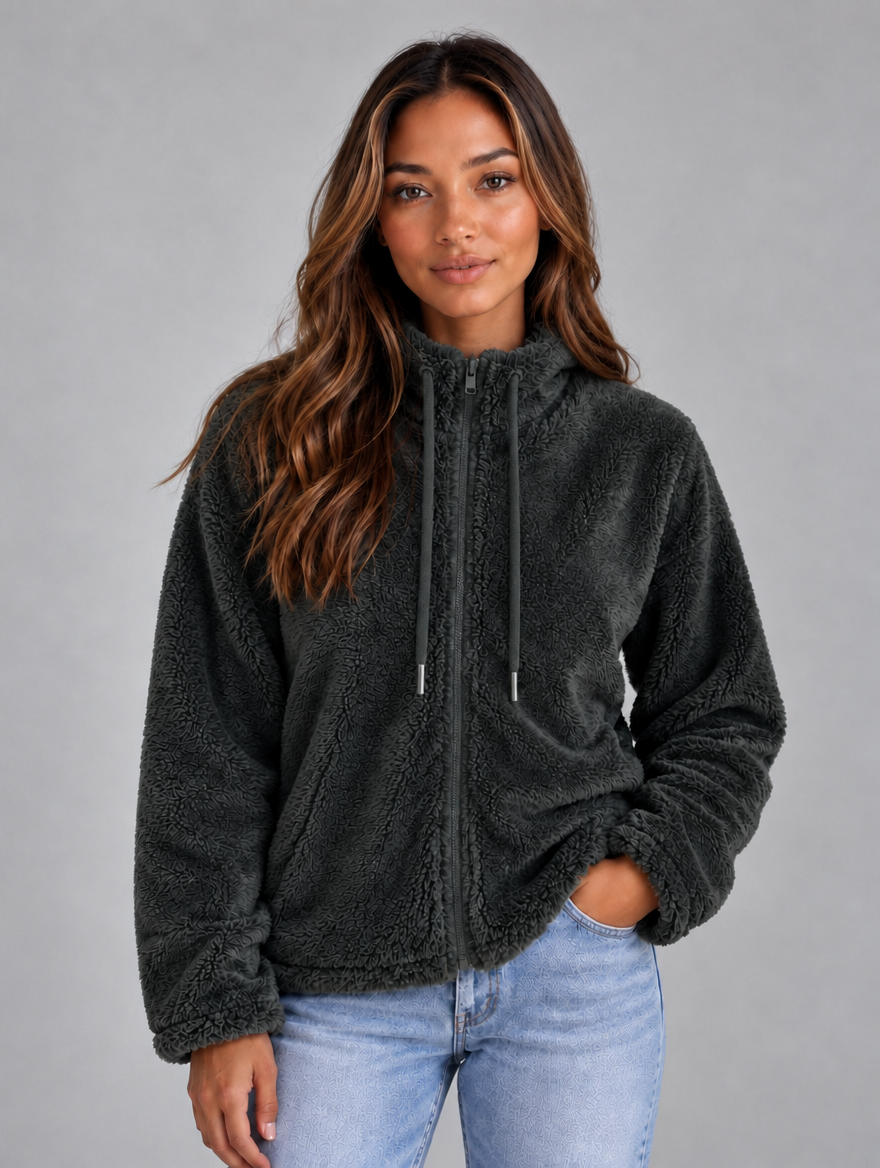 Women’s Teddy Fleece Zip-Up Jacket — Dark Grey