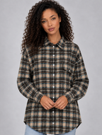 Women’s Oversized Check Shirt – Longline Button-Up Blouse — Brown