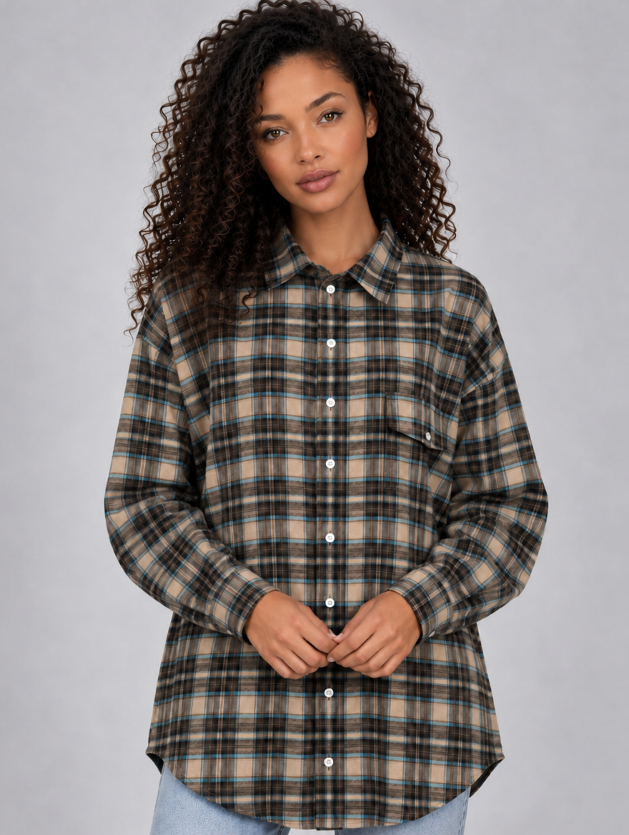 Women’s Oversized Check Shirt – Longline Button-Up Blouse — Brown