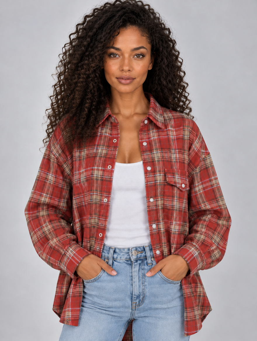 Women’s Oversized Check Shirt – Longline Button-Up Blouse — Red