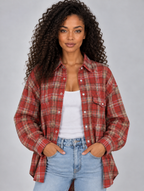Women’s Oversized Check Shirt – Longline Button-Up Blouse — Red
