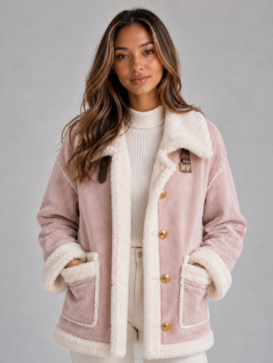 Women’s Faux Shearling Suede Look Jacket — Pink