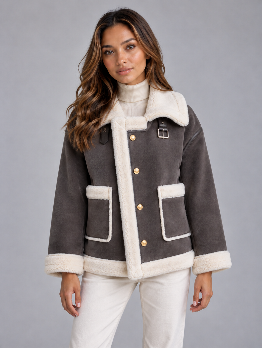 Women’s Faux Shearling Suede Look Jacket — Grey
