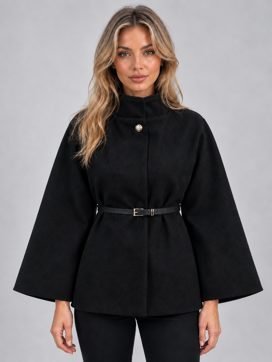 Women’s Belted Cape Jacket — Black