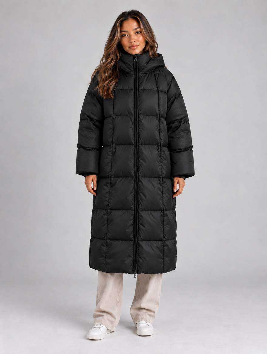Women’s Long Hooded Puffer Coat – Padded Full Zip Winter Jacket — Black