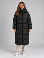 Women’s Long Hooded Puffer Coat – Padded Full Zip Winter Jacket — Black