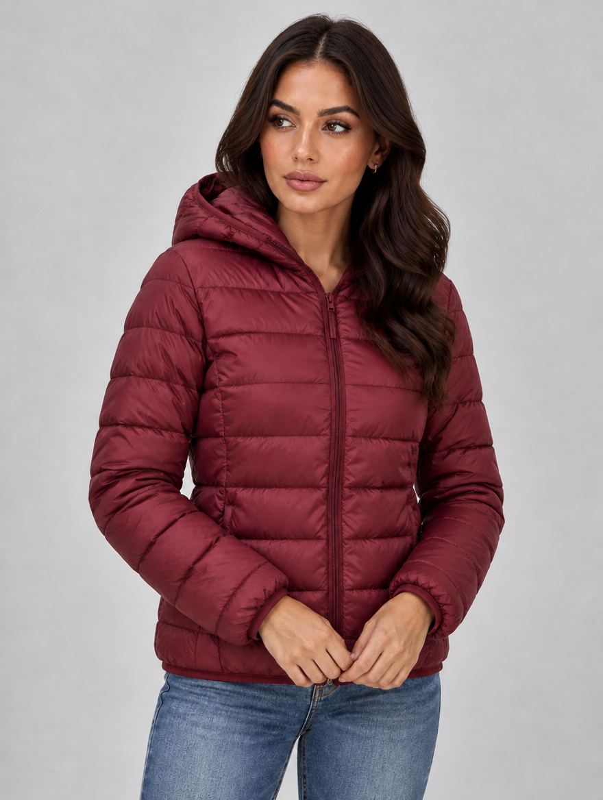 Women’s Lightweight Hooded Puffer Jacket – Quilted Zip-Up Coat — Burgundy
