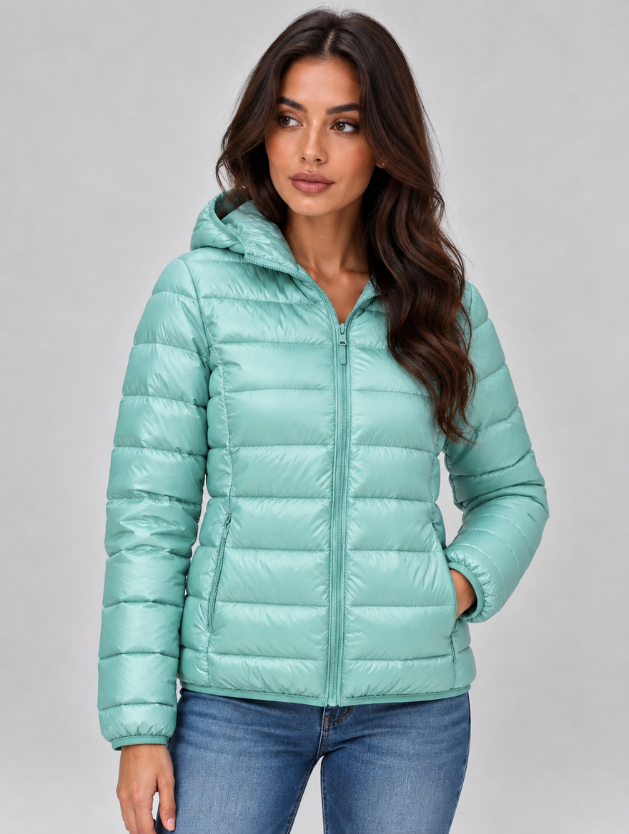 Women’s Lightweight Hooded Puffer Jacket – Quilted Zip-Up Coat — Light Blue