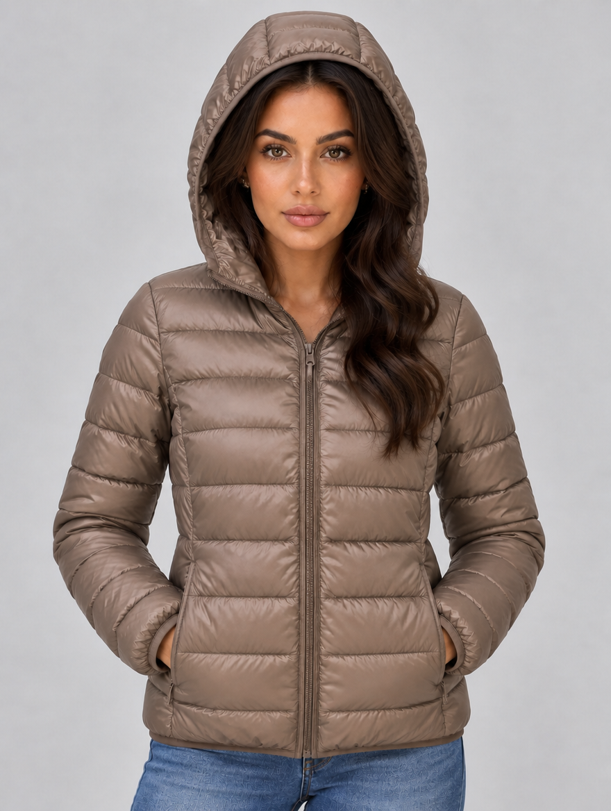 Women’s Lightweight Hooded Puffer Jacket – Quilted Zip-Up Coat — Brown