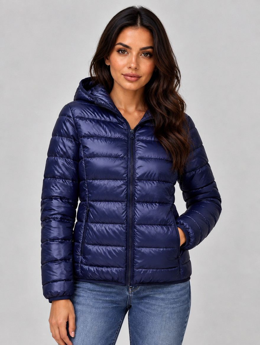 Women’s Lightweight Hooded Puffer Jacket – Quilted Zip-Up Coat — Navy