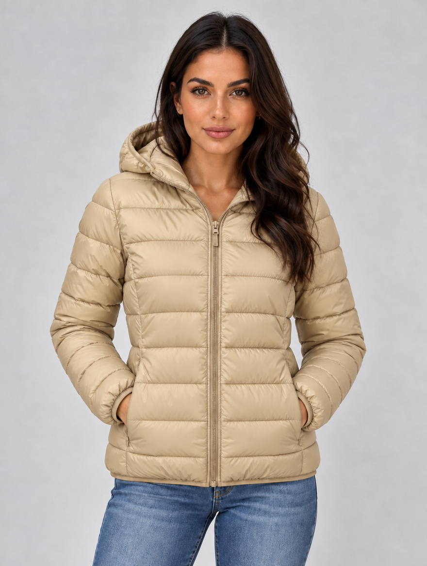 Women’s Lightweight Hooded Puffer Jacket – Quilted Zip-Up Coat — Beige