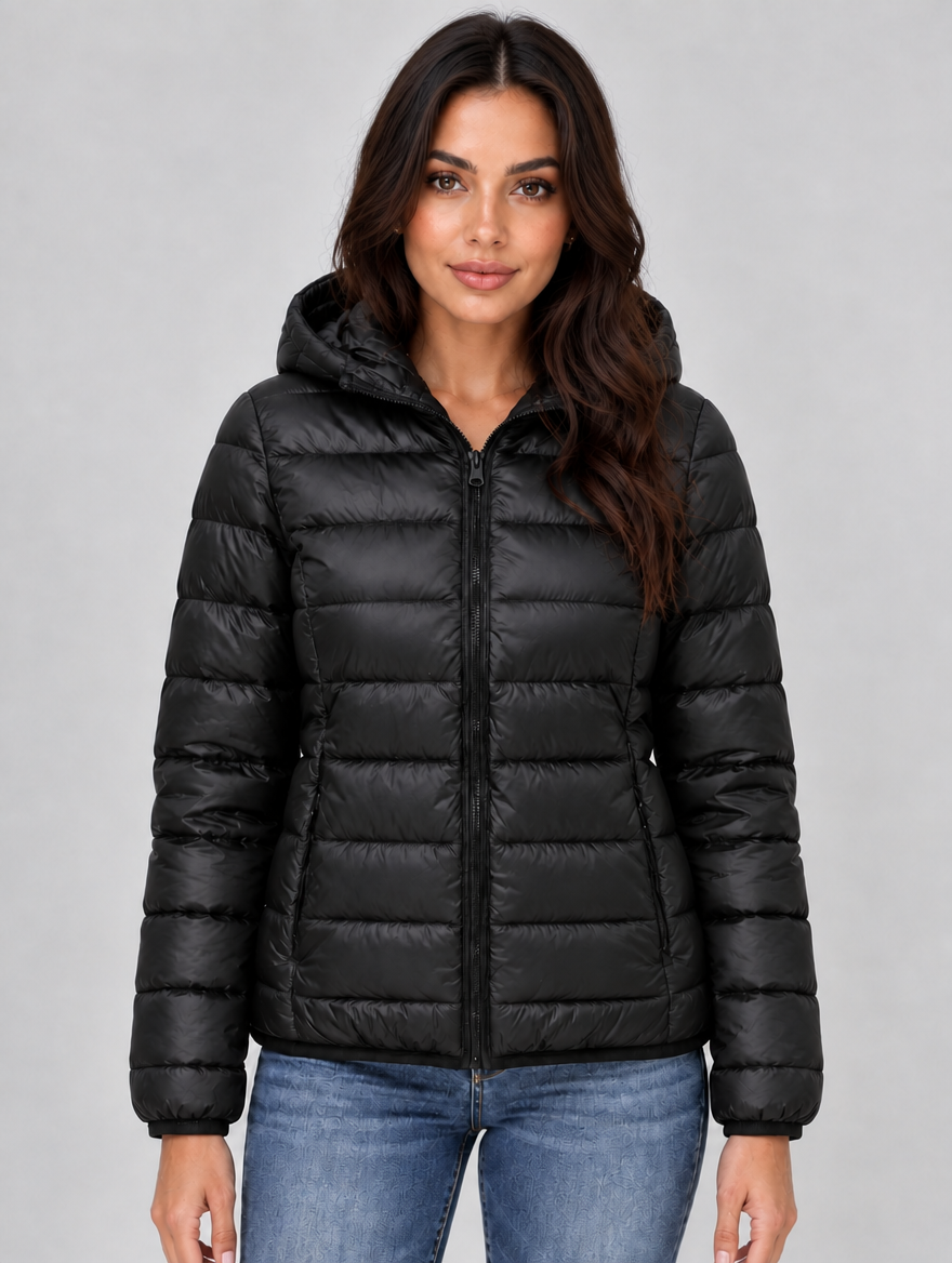 Women’s Lightweight Hooded Puffer Jacket – Quilted Zip-Up Coat — Black