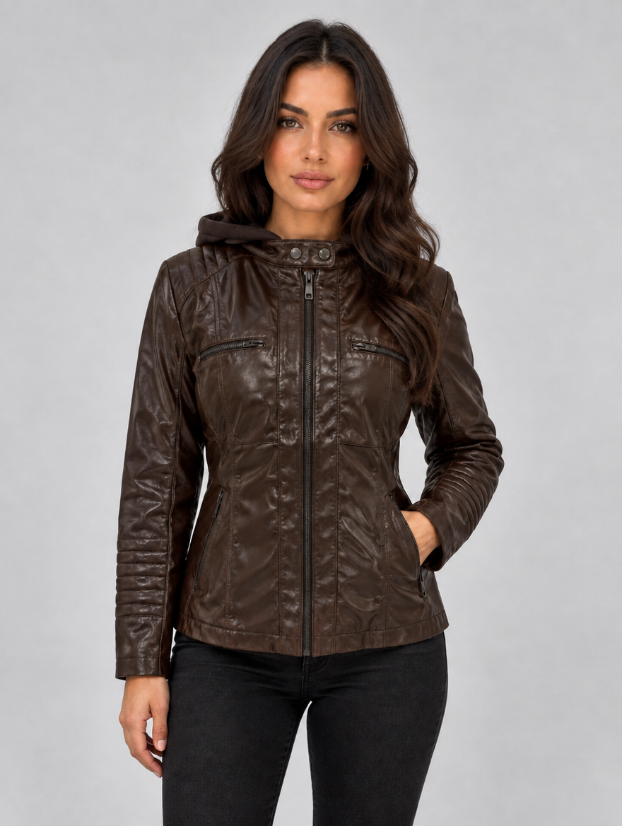 Women’s Hooded Leather Biker Jacket — Dark Brown