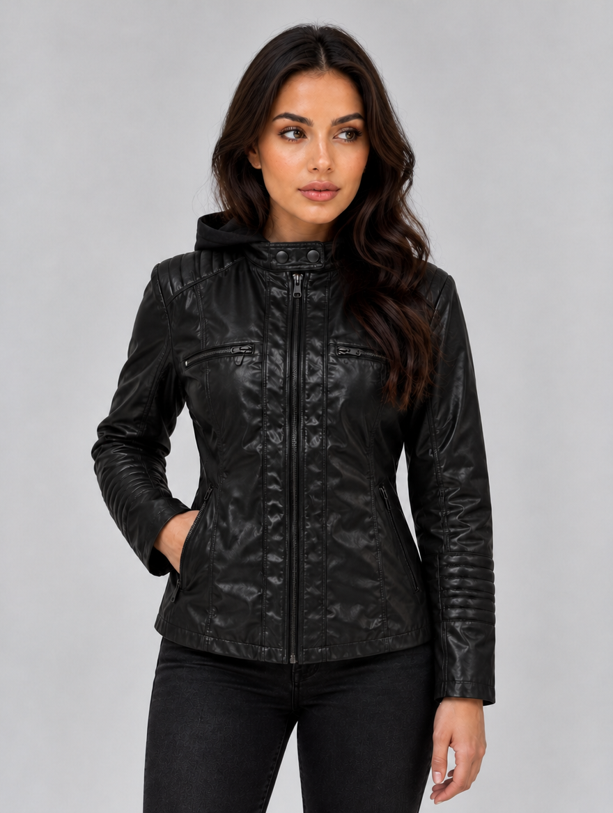 Women’s Hooded Leather Biker Jacket — Black