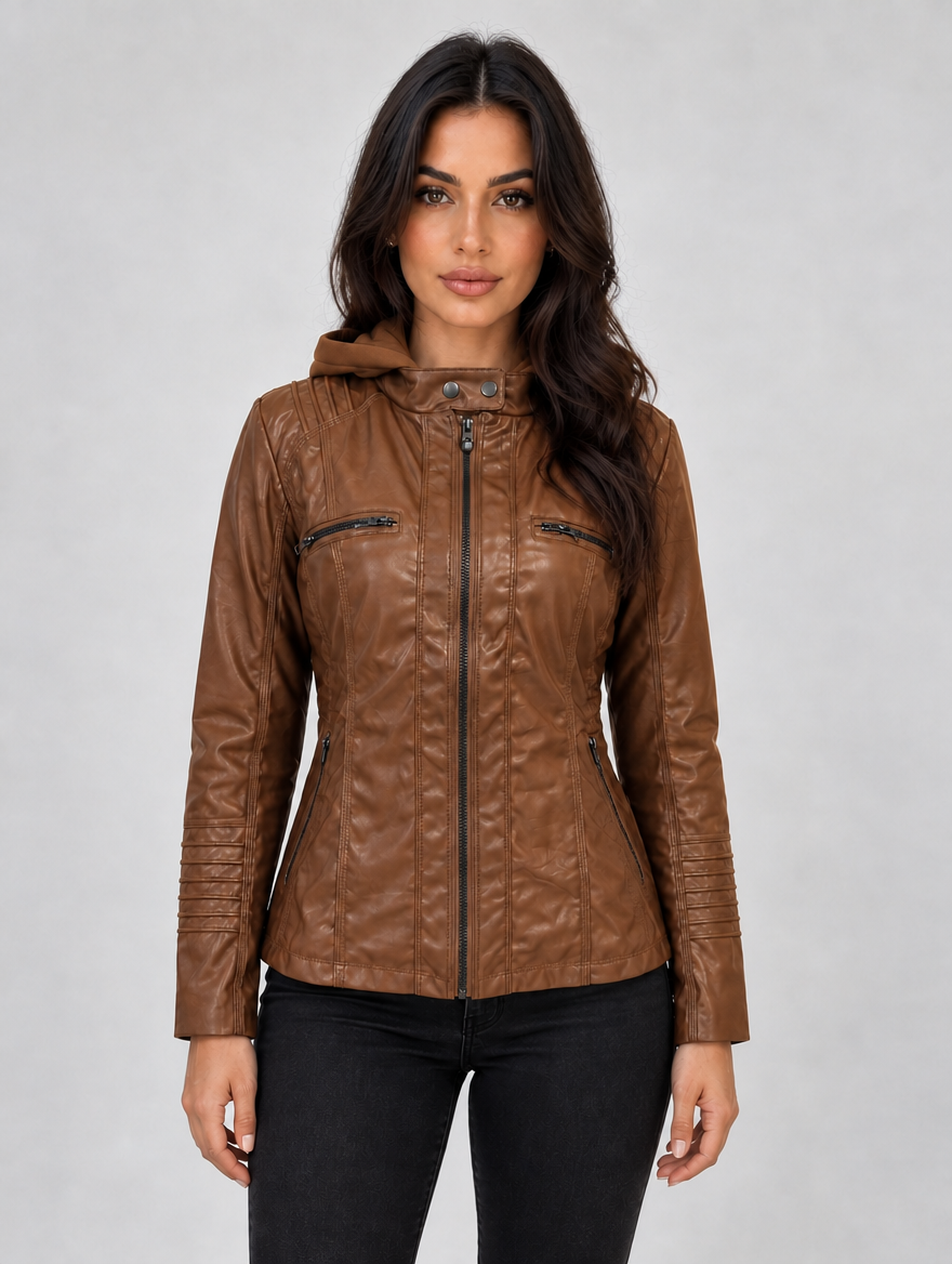 Women’s Hooded Leather Biker Jacket — Light Brown