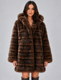 Women’s Hooded Faux Fur Coat – Plush Panelled Winter Jacket — Brown