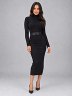 Women’s Ribbed Roll Neck Midi Dress – Belted Bodycon Knit Dress — Black