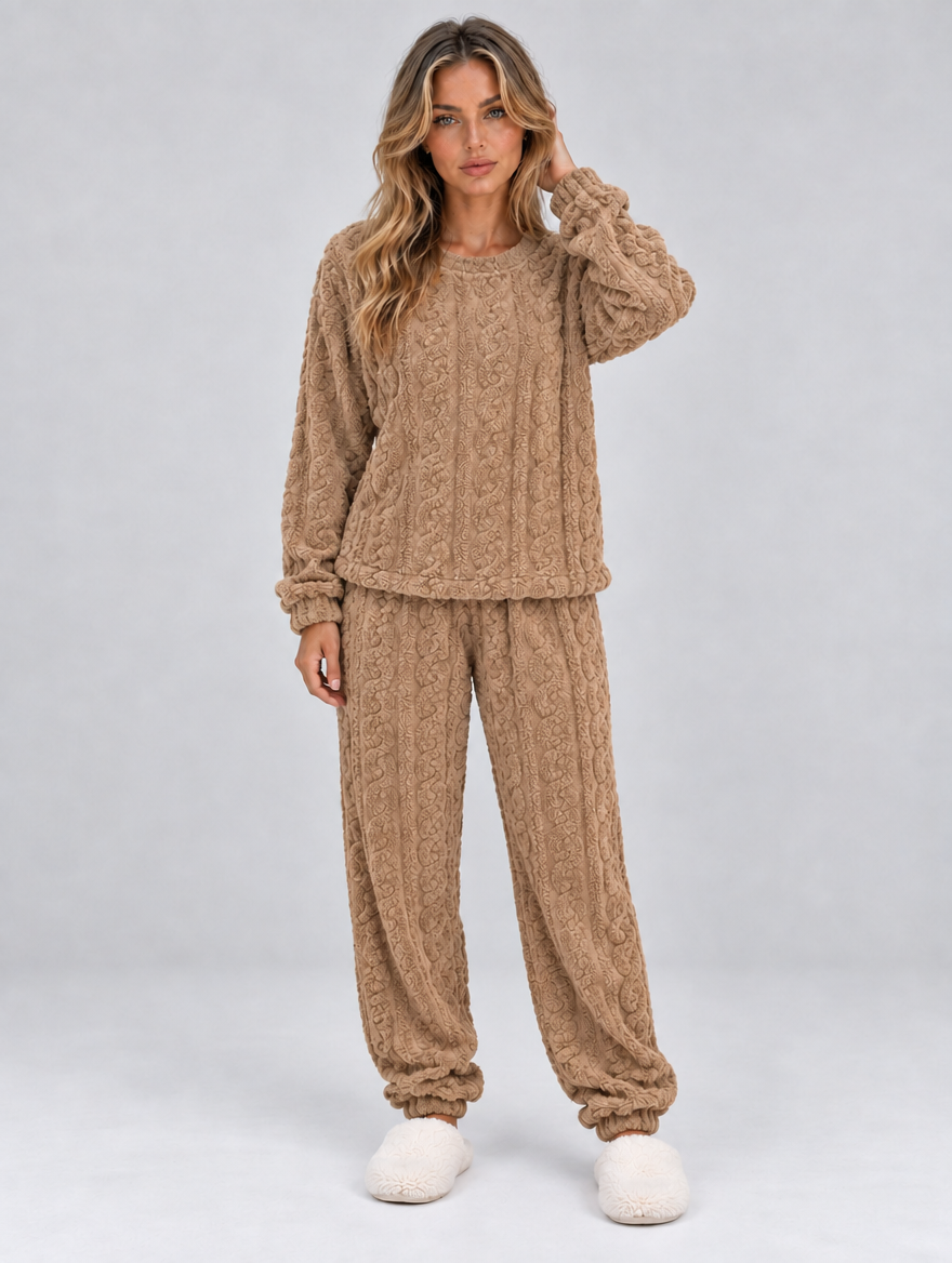 Women’s Thermal Fleece Pyjama Set – Cable Knit Textured Top & Trousers — Khaki