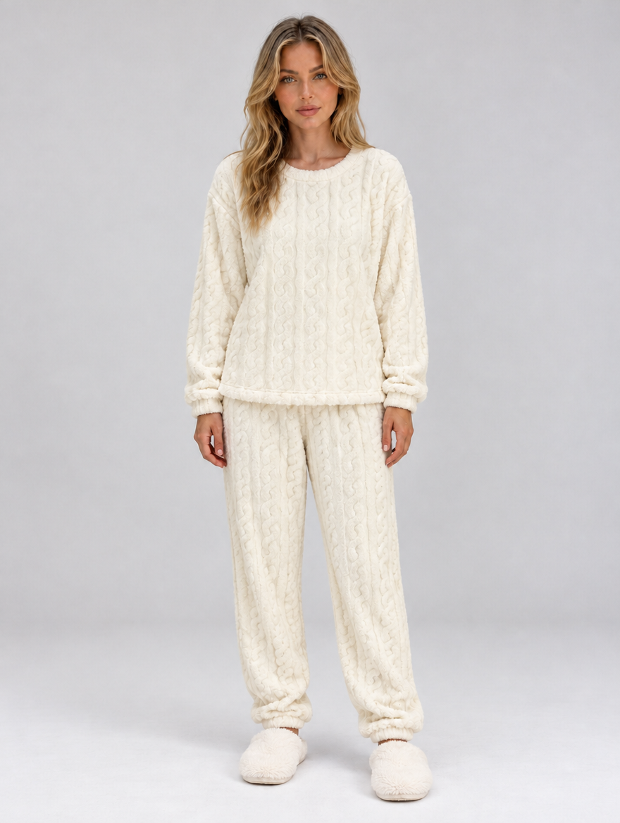 Women’s Thermal Fleece Pyjama Set – Cable Knit Textured Top & Trousers — Cream