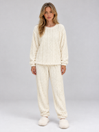 Women’s Thermal Fleece Pyjama Set – Cable Knit Textured Top & Trousers — Cream