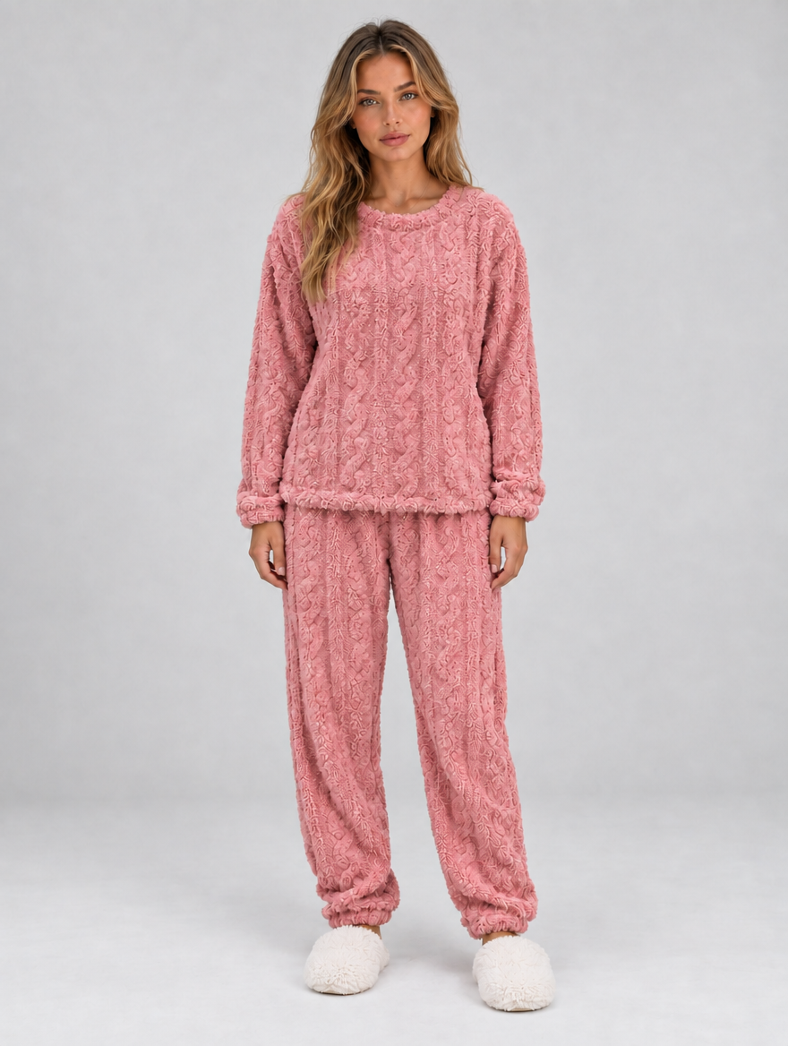 Women’s Thermal Fleece Pyjama Set – Cable Knit Textured Top & Trousers — Pink
