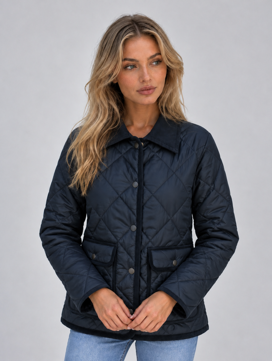 Women’s Quilted Padded Jacket – Corduroy Collar Country Coat — Black