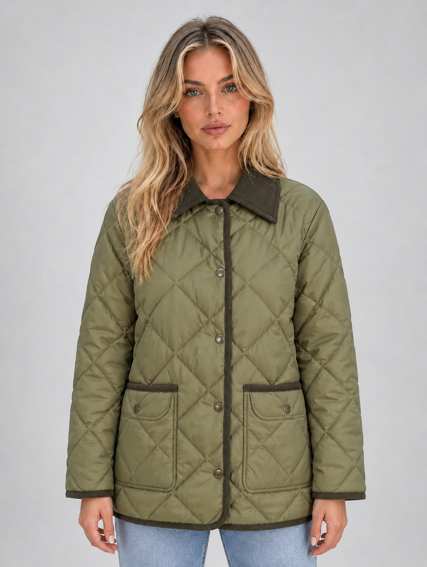 Women’s Quilted Padded Jacket – Corduroy Collar Country Coat — Olive Green
