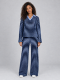 Women’s Striped Knit Two-Piece Set – Collared Jumper & Wide Leg Trousers — Blue