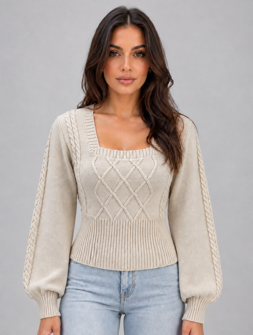 Women’s Square Neck Cable Knit Jumper – Balloon Sleeve Fitted Sweater — Cream
