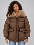 Women’s Faux Fur Collar Puffer Jacket – Padded Winter Coat — Brown