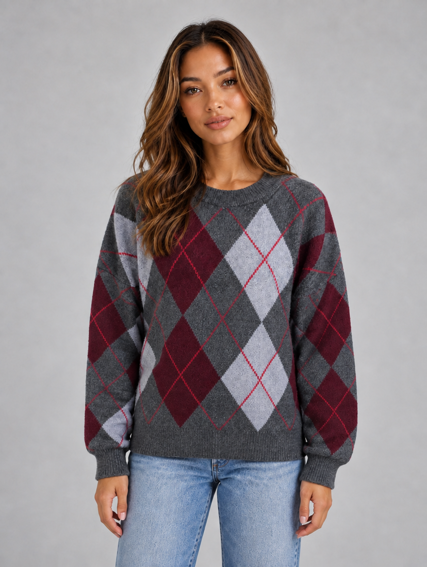 Women’s Argyle Pattern Knit Jumper — Grey